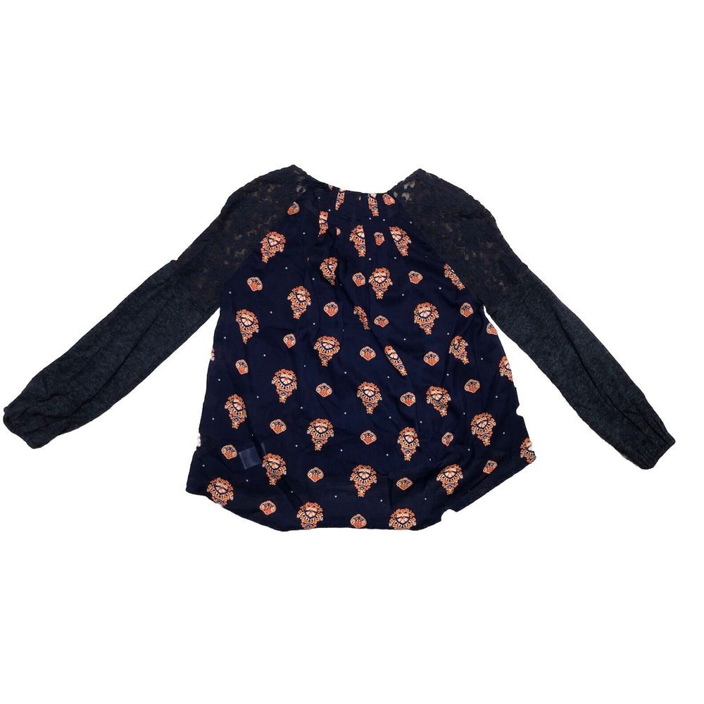 Miss Me Sweater S Navy Sheer Lace Shoulders High-low Floral Boho Mixed Media - Picture 5 of 11